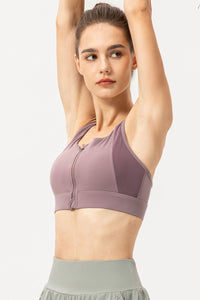 Thumbnail for Zip-Up Round Neck Sports Bra