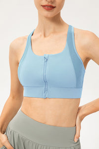 Thumbnail for Zip-Up Round Neck Sports Bra