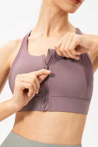 Thumbnail for Zip-Up Round Neck Sports Bra