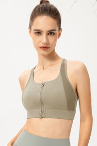 Thumbnail for Zip-Up Round Neck Sports Bra