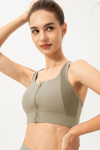 Thumbnail for Zip-Up Round Neck Sports Bra